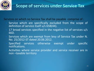 Scope of services under Service Tax

Services on which no Service Tax shall be payable comprise of :
 • Service which are specifically excluded from the scope of
    definition of service itself u/s 65B(44).
 • 17 broad services specified in the negative list of services u/s
    66D.
 • Services which are exempt from levy of Service Tax under N.
    No. 25/2012-ST dated 20.06.2012.
 • Specified services otherwise exempt under specific
    notifications.
 • Activities where service provider and service receiver are in
    non –taxable territory


                                                                  14
 