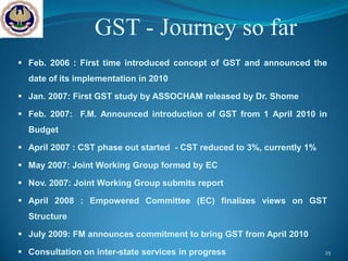 GST - Journey so far
 Feb. 2006 : First time introduced concept of GST and announced the
  date of its implementation in 2010

 Jan. 2007: First GST study by ASSOCHAM released by Dr. Shome

 Feb. 2007: F.M. Announced introduction of GST from 1 April 2010 in
  Budget

 April 2007 : CST phase out started - CST reduced to 3%, currently 1%

 May 2007: Joint Working Group formed by EC

 Nov. 2007: Joint Working Group submits report

 April 2008 : Empowered Committee (EC) finalizes views on GST
  Structure

 July 2009: FM announces commitment to bring GST from April 2010

 Consultation on inter-state services in progress                       25
 