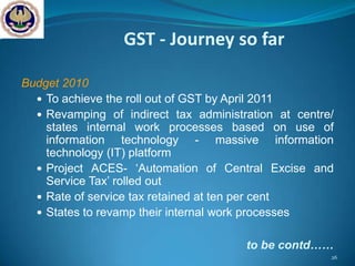 GST - Journey so far

Budget 2010
   To achieve the roll out of GST by April 2011
   Revamping of indirect tax administration at centre/
    states internal work processes based on use of
    information technology - massive information
    technology (IT) platform
   Project ACES- ‘Automation of Central Excise and
    Service Tax’ rolled out
   Rate of service tax retained at ten per cent
   States to revamp their internal work processes


                                       to be contd……
                                                      26
 