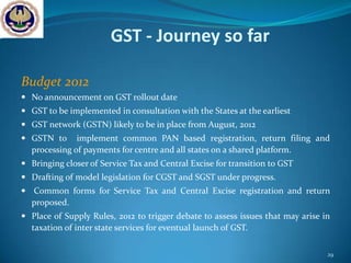 GST - Journey so far

Budget 2012
 No announcement on GST rollout date
 GST to be implemented in consultation with the States at the earliest
 GST network (GSTN) likely to be in place from August, 2012
 GSTN to     implement common PAN based registration, return filing and
  processing of payments for centre and all states on a shared platform.
 Bringing closer of Service Tax and Central Excise for transition to GST
 Drafting of model legislation for CGST and SGST under progress.
 Common forms for Service Tax and Central Excise registration and return
  proposed.
 Place of Supply Rules, 2012 to trigger debate to assess issues that may arise in
  taxation of inter state services for eventual launch of GST.

                                                                                 29
 