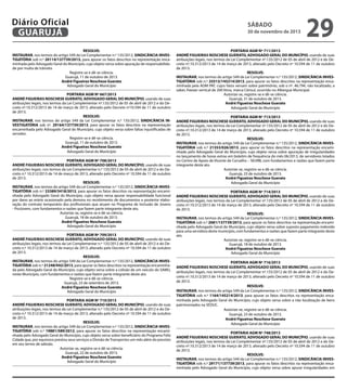 Diário Oficial
GUARUJÁ
RESOLVE:
INSTAURAR, nos termos do artigo 549 da Lei Complementar n.º 135/2012, SINDICÂNCIA INVESTIGATÓRIA sob n.º 20114/137739/2013, para apurar os fatos descritos na representação encaminhada pelo Advogado Geral do Município, cujo objeto versa sobre apuração de responsabilidade por multa de trânsito.
Registre-se e dê-se ciência.
Guarujá, 11 de outubro de 2013.
André Figueiras Noschese Guerato
Advogado Geral do Município
PORTARIA AGM Nº 667/2013
ANDRÉ FIGUEIRAS NOSCHESE GUERATO, ADVOGADO GERAL DO MUNICÍPIO, usando de suas
atribuições legais, nos termos da Lei Complementar nº.135/2012 de 05 de abril de 2012 e do Decreto nº.10.312/2013 de 14 de março de 2013, alterado pelo Decreto nº10.594 de 11 de outubro
de 2013.
RESOLVE:
INSTAURAR, nos termos do artigo 549 da Lei Complementar n.º 135/2012, SINDICÂNCIA INVESTIGATÓRIA sob nº. 29164/137739/2013, para apurar os fatos descritos na representação
encaminhada pelo Advogado Geral do Município, cujo objeto versa sobre faltas injustificadas de
servidor.
Registre-se e dê-se ciência.
Guarujá, 11 de outubro de 2013.
André Figueiras Noschese Guerato
Advogado Geral do Município
PORTARIA AGM Nº 708/2013
ANDRÉ FIGUEIRAS NOSCHESE GUERATO, ADVOGADO GERAL DO MUNICÍPIO, usando de suas
atribuições legais, nos termos da Lei Complementar n.º 135/2012 de 05 de abril de 2012 e do Decreto n.º 10.312/2013 de 14 de março de 2013, alterado pelo Decreto nº 10.594 de 11 de outubro
de 2013.
RESOLVE:
INSTAURAR, nos termos do artigo 549 da Lei Complementar n.º 135/2012, SINDICÂNCIA INVESTIGATÓRIA sob n.º 23389/3418/2012, para apurar os fatos descritos na representação encaminhada pelo Advogado Geral do Município, cujo objeto versa apurar responsabilidade funcional
por dano ao erário ocasionado pela demora no recebimento de documentos e posterior elaboração do contrato temporário dos profissionais que atuam no Programa de Inclusão de Jovens
- ProJovem, com fundamentos e razões que fazem parte integrante deste ato.
Autorize-se, registre-se e dê-se ciência.
Guarujá, 18 de outubro de 2013.
André Figueiras Noschese Guerato
Advogado Geral do Município
PORTARIA AGM Nº 709/2013
ANDRÉ FIGUEIRAS NOSCHESE GUERATO, ADVOGADO GERAL DO MUNICÍPIO, usando de suas
atribuições legais, nos termos da Lei Complementar n.º 135/2012 de 05 de abril de 2012 e do Decreto n.º 10.312/2013 de 14 de março de 2013, alterado pelo Decreto nº 10.594 de 11 de outubro
de 2013.
RESOLVE:
INSTAURAR, nos termos do artigo 549 da Lei Complementar n.º 135/2012, SINDICÂNCIA INVESTIGATÓRIA sob n.º 21248/942/2013, para apurar os fatos descritos na representação encaminhada pelo Advogado Geral do Município, cujo objeto versa sobre a colisão de um veículo do SAMU,
neste Município, com fundamentos e razões que fazem parte integrante deste ato.
Registre-se e dê-se ciência.
Guarujá, 23 de setembro de 2013.
André Figueiras Noschese Guerato
Advogado Geral do Município
PORTARIA AGM Nº 710/2013
ANDRÉ FIGUEIRAS NOSCHESE GUERATO, ADVOGADO GERAL DO MUNICÍPIO, usando de suas
atribuições legais, nos termos da Lei Complementar n.º 135/2012 de 05 de abril de 2012 e do Decreto n.º 10.312/2013 de 14 de março de 2013, alterado pelo Decreto nº 10.594 de 11 de outubro
de 2013.
RESOLVE:
INSTAURAR, nos termos do artigo 549 da Lei Complementar n.º 135/2012, SINDICÂNCIA INVESTIGATÓRIA sob n.º 19881/589/2012, para apurar os fatos descritos na representação encaminhada pelo Advogado Geral do Município, cujo objeto versa sobre beneficiário do Programa Feliz
Cidade que, por equívoco prestou seus serviços a Divisão de Transportes um mês além do previsto
em seu termo de adesão.
Autorize-se, registre-se e dê-se ciência.
Guarujá, 22 de outubro de 2013.
André Figueiras Noschese Guerato
Advogado Geral do Município

sábado

30 de novembro de 2013

29

PORTARIA AGM Nº 711/2013
ANDRÉ FIGUEIRAS NOSCHESE GUERATO, ADVOGADO GERAL DO MUNICÍPIO, usando de suas
atribuições legais, nos termos da Lei Complementar nº.135/2012 de 05 de abril de 2012 e do Decreto nº.10.312/2013 de 14 de março de 2013, alterado pelo Decreto nº 10.594 de 11 de outubro
de 2013.
RESOLVE:
INSTAURAR, nos termos do artigo 549 da Lei Complementar n.º 135/2012, SINDICÂNCIA INVESTIGATÓRIA sob n.º 25513/145214/2013, para apurar os fatos descritos na representação encaminhada pela ADM PAT, cujos fatos versam sobre patrimônio, sob o nº. 46.794, não localizado, a
saber, freezer vertical de 200 litros, marca Cônsul, ocorrido no Albergue Municipal.
Autorize-se, registre-se e dê-se ciência.
Guarujá, 31 de outubro de 2013.
André Figueiras Noschese Guerato
Advogado Geral do Município
PORTARIA AGM Nº 713/2013
ANDRÉ FIGUEIRAS NOSCHESE GUERATO, ADVOGADO GERAL DO MUNICÍPIO, usando de suas
atribuições legais, nos termos da Lei Complementar nº.135/2012 de 05 de abril de 2012 e do Decreto nº.10.312/2013 de 14 de março de 2013, alterado pelo Decreto nº 10.594 de 11 de outubro
de 2013.
RESOLVE:
INSTAURAR, nos termos do artigo 549 da Lei Complementar n.º 135/2012, SINDICÂNCIA INVESTIGATÓRIA sob n.º 21353/026/2013, para apurar os fatos descritos na representação encaminhada pelo Advogado Geral do Município, cujo objeto versa sobre apuração de irregularidades
no lançamento de horas extras em boletim de frequência do mês 06/2013, de servidores lotados
no Centro de Apoio de Vicente de Carvalho – SEURB, com fundamentos e razões que fazem parte
integrante deste ato.
Autorize-se, registre-se e dê-se ciência.
Guarujá, 23 de outubro de 2013.
André Figueiras Noschese Guerato
Advogado Geral do Município
PORTARIA AGM Nº 714/2013
ANDRÉ FIGUEIRAS NOSCHESE GUERATO, ADVOGADO GERAL DO MUNICÍPIO, usando de suas
atribuições legais, nos termos da Lei Complementar nº.135/2012 de 05 de abril de 2012 e do Decreto nº.10.312/2013 de 14 de março de 2013, alterado pelo Decreto nº 10.594 de 11 de outubro
de 2013.
RESOLVE:
INSTAURAR, nos termos do artigo 549 da Lei Complementar n.º 135/2012, SINDICÂNCIA INVESTIGATÓRIA sob n.º 2681/137739/2013, para apurar os fatos descritos na representação encaminhada pelo Advogado Geral do Município, cujo objeto versa sobre suposto pagamento indevido
para uma servidora deste município, com fundamentos e razões que fazem parte integrante deste
ato.
Autorize-se, registre-se e dê-se ciência.
Guarujá, 18 de outubro de 2013.
André Figueiras Noschese Guerato
Advogado Geral do Município
PORTARIA AGM Nº 716/2013
ANDRÉ FIGUEIRAS NOSCHESE GUERATO, ADVOGADO GERAL DO MUNICÍPIO, usando de suas
atribuições legais, nos termos da Lei Complementar nº.135/2012 de 05 de abril de 2012 e do Decreto nº.10.312/2013 de 14 de março de 2013, alterado pelo Decreto nº 10.594 de 11 de outubro
de 2013.
RESOLVE:
INSTAURAR, nos termos do artigo 549 da Lei Complementar n.º 135/2012, SINDICÂNCIA INVESTIGATÓRIA sob n.º 1164/145214/2013, para apurar os fatos descritos na representação encaminhada pelo Advogado Geral do Município, cujo objeto versa sobre a não localização de bens
patrimoniados na SEDUC.
Autorize-se, registre-se e dê-se ciência.
Guarujá, 23 de outubro de 2013.
André Figueiras Noschese Guerato
Advogado Geral do Município
PORTARIA AGM Nº 748/2013
ANDRÉ FIGUEIRAS NOSCHESE GUERATO, ADVOGADO GERAL DO MUNICÍPIO, usando de suas
atribuições legais, nos termos da Lei Complementar nº.135/2012 de 05 de abril de 2012 e do Decreto nº.10.312/2013 de 14 de março de 2013, alterado pelo Decreto nº 10.594 de 11 de outubro
de 2013.
RESOLVE:
INSTAURAR, nos termos do artigo 549 da Lei Complementar n.º 135/2012, SINDICÂNCIA INVESTIGATÓRIA sob n.º 29171/137739/2013, para apurar os fatos descritos na representação encaminhada pelo Advogado Geral do Município, cujo objeto versa sobre apurar irregularidades em

 