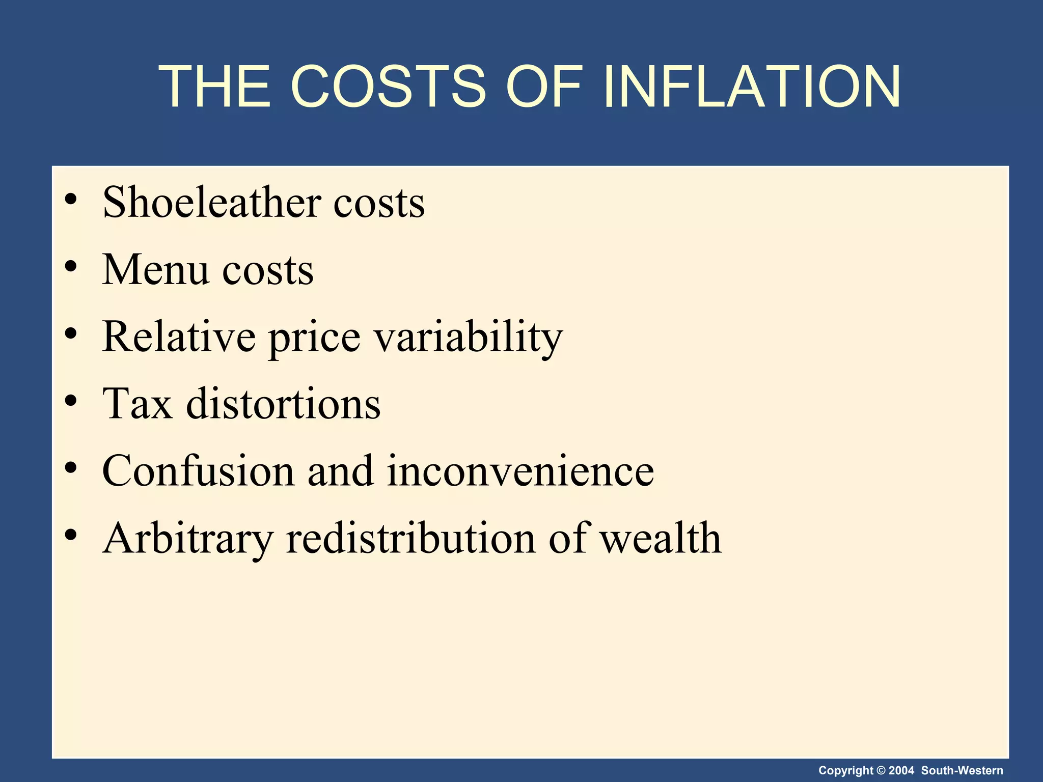 THE COSTS OF INFLATION Shoeleather costs Menu costs Relative price variability Tax distortions Confusion and inconvenience Arbitrary redistribution of wealth 