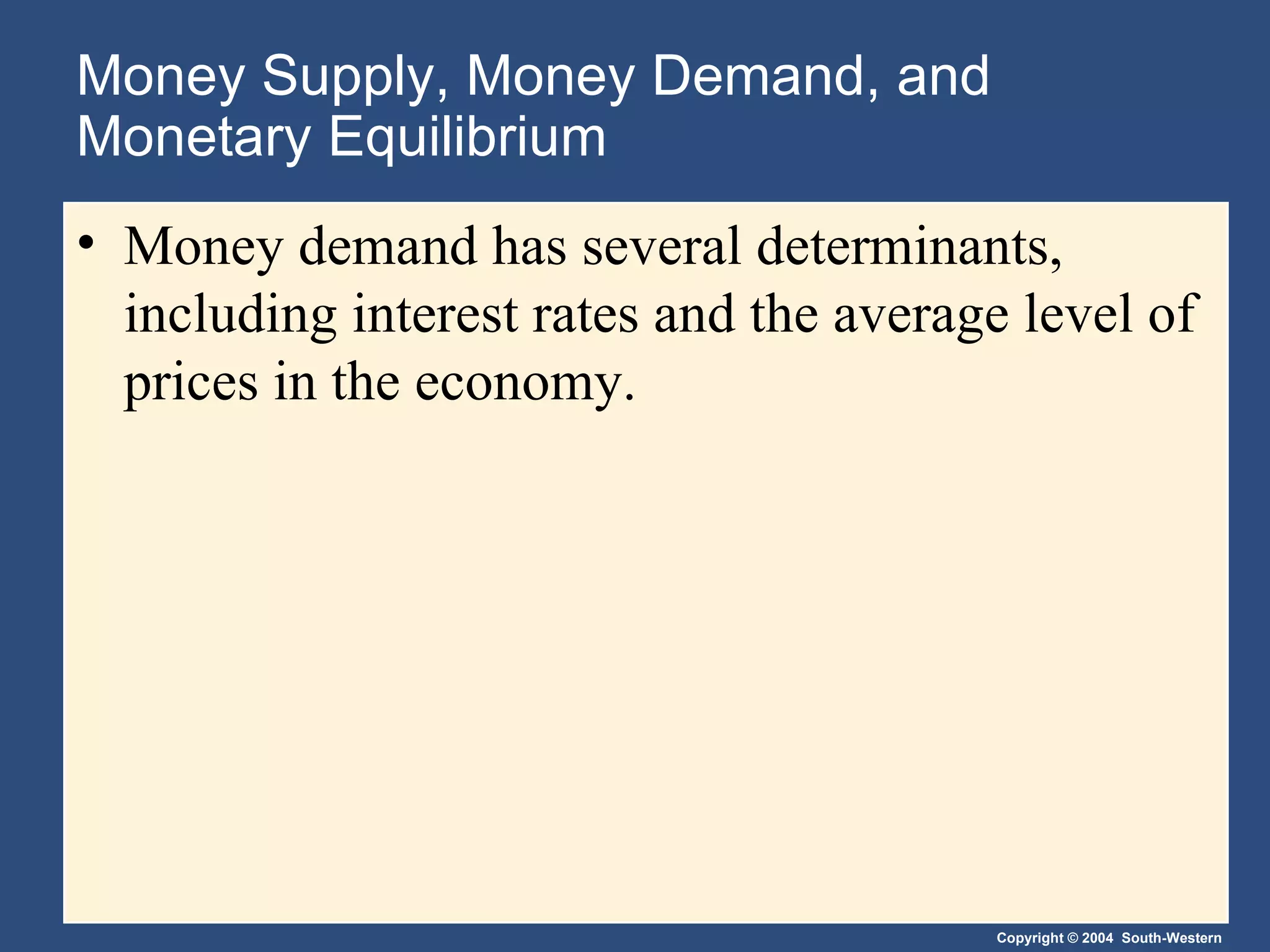 Money Supply, Money Demand, and Monetary Equilibrium Money demand has several determinants, including interest rates and the average level of prices in the economy. 