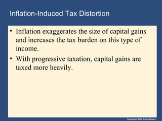 Inflation-Induced Tax Distortion Inflation exaggerates the size of capital gains and increases the tax burden on this type of income.  With progressive taxation, capital gains are taxed more heavily. 