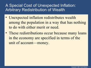 A Special Cost of Unexpected Inflation: Arbitrary Redistribution of Wealth Unexpected inflation redistributes wealth among the population in a way that has nothing to do with either merit or need. These redistributions occur because many loans in the economy are specified in terms of the unit of account—money. 