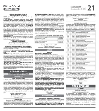 Diário Oficial
 GUARUJÁ
                                                                                                                                                       sextA-feiRA
                                                                                                                                                       30 de dezembro de 2011
                                                                                                                                                                                               21
               AVisO De ABeRtURA De LiCitAÇÃO                           rão realizadas nos dias 05 e 06/01/2012, das 9h30 às 20h00 e       conformidade com o que ficou decidido no processo adminis-
                 tOMADA De PReÇOs Nº. 18/2011                           07/01/2012, das 09h00 às 12h00, no setor de Multiatendimento.      trativo n° 37.167/2011, com a fundamentação legal do artigo
OBJETO: Contratação de empresa para prestação de serviços               O aluno deverá obrigatoriamente apresentar via original e cópia    2° da lei municipal n° 3.048.
topográficos.                                                           dos seguintes documentos: RG, CPF, Comprovante de residên-                        Guarujá, 29 de dezembro de 2011.
O Edital na íntegra e seus anexos poderão ser obtidos gratui-           cia (completo com CEP), Certidão de Nascimento ou Casamen-                                     Flavio Poli
tamente no site www.guaruja.sp.gov.br, link “Licitações”, ou            to, Histórico e Certificado de Conclusão de 2. grau, 2 fotos 3X4                     Diretor de Gestão de Pessoas
pessoalmente, na Diretoria de Compras e Licitações da Unidade           e uma declaração da Secretaria de Educação do Município que
de Assuntos Estratégicos (mediante o recolhimento de R$ 25,00           comprove o vínculo no exercício da docência na educação in-                          eDitAL De CONVOCAÇÃO
referente aos custos de reprodução) sito na Av. Santos Dumont,          fantil ou nas séries iniciais do Ensino Fundamental.               A Prefeitura Municipal de Guarujá, Estado de São Paulo, através
800, 1º andar – Santo Antônio - Guarujá – SP, no período de             * Os professores validados na Plataforma Freire que não realiza-   da Secretaria Mun. de Administração – ADM, convoca os candi-
04/01/2012 até 19/01/2012. O pagamento deverá ser efetiva-              ram o processo de seleção, terão nova chance em 16/01/2012         datos abaixo relacionados, aprovados em Concurso Público Edi-
do na Agência Bancária situada dentro do Paço Municipal Ra-             às 18h30 para realização da prova (preenchimento das vagas         tal nº.002/2011 – SESAU – SERVENTE - CLT, conforme o que foi
phael Vitiello. Os demais atos que necessitarem de publicidade          remanescentes). Deverão estar munidos de comprovante de            decidido no Processo Administrativo nº.38772/2011 - seDesC
serão publicados oficialmente apenas no Diário Oficial do Muni-         identidade com foto e caneta azul ou preta.                         CLAssif.    Nº.iNsCR.               NOMe DO CANDiDAtO
cípio, nos termos da Lei Federal nº8.666/1993, artigo 6º, inciso        Para eventuais dúvidas, entrar em contato nos telefones (13)
XIII; Lei Orgânica Municipal, artigo 132, § 3º, inciso II e Lei Muni-                                                                         61º.       026761     MARIA DE FÁTIMA RAMOS LOPES
                                                                        33981075 ou (13) 33981001.
cipal nº 2.812/2001, e disponibilizados, em caráter informativo,                                                                              62º.       022637     MARIA APARECIDA GOMES CASANOVA
no site da Prefeitura.                                                    LISTA DE APROVADOS NA UNAERP – PLATAFORMA FREIRE                    63º.       023153     ELCI SILVA DE SANTANA LIMA
Os envelopes nº 1 e 2 serão recebidos na Diretoria de Compras                                       Nome                    inscrição
                                                                                                                                              64º.       027006     ANTONIO CARLOS GOUVEIA DA SILVA
e Licitações no dia 26 de Janeiro de 2012 até às 14:00h,                                                                                      65º.       024800     EVARISTO DIAS GOMES JR.
                                                                        Ana Maria Arruda de Araujo                         28910396881
iniciando a abertura às 14:30h.                                                                                                               66º.       026754     EDNALVA FREITAS DA SILVA
                                                                        Janete Santana dos Santos                          86250973591
                  Guarujá 29 de Dezembro de 2011                                                                                              67º.       024852     ISAEL REIS DOS SANTOS
                    ARMANDO LUiZ PALMieRi                               Maria do Socorro Matias da Silva                   25504001862        68º.       023071     NELMARCIO SOUZA RODRIGUES DOS SANTOS
              Presidente da Comissão Permanente de                      Tânia Maria jardim Cardoso                         16290315854        69º.       026463     MARCIA CRISTINA DOS SANTOS OLIVEIRA
           Licitações de Obras e Serviços de Engenharia                                                                                       70º.       023711     LUCIMARA DA SILVA GONÇALVES
                                                                                       Guarujá, 20 de dezembro de 2011.
                                                                                                                                              71º.       024393     CRISTINA FERREIRA DA SILVA
    extRAtO De seGUNDO teRMO De APOstiLAMeNtO                                                 Luciana salituri Leal
                                                                                                                                              72º.       026073     ROSIANE CORREIA PENEDO
2º TERMO DE APOSTILAMENTO DO CONTRATO Nº 033/2011                               Diretora de Programas Estratégicos Educacionais
                                                                                                                                              73º.       017412     MARCIA BATISTA DOS SANTOS
PROCESSO N° 37671/3418/2011                                                                                                                   74º.       022675     ANDERSON DA SILVA
CONTRATANTE: PRefeitURA MUNiCiPAL De GUARUJÁ                                                               saúde                              75º.       015520     EDILSON CRUZ DA COSTA
CONTRATADA: AGRiCOLA e CONstRUtORA MONte AZUL                                                                                                 76º.       017000     DEBORA RAMOS DA SILVA CAETANO
LtDA.                                                                                             DesPACHO
                                                                        PROCessO Nº. 29089/942/2010                                           77º.       023195     JOYCE MARQUES DE SOUZA
OBJetO: Prestação de Serviços de pequenos reparos em Unida-
                                                                        EDITAL DE CONVOCAÇÃO PÚBLICA Nº. 001/2011                             78º.       016746     LUCILENE SOUSA DE LUCENA
des de Ensino e Próprios da Secretaria Municipal de Educação.
                                                                        OBJETO: FIRMAR PARCERIA COM ORGANIZAÇÕES SOCIAIS                      79º.       022015     ESTEVAN SILVA CINTRA
Com base no parágrafo 8º do artigo 65 da Lei Federal nº 8666/93,
                                                                        MEDIANTE CELEBRAÇÃO DE CONTRATO DE GESTÃO PARA                        80º.       030583     JANAINA MUNIZ
ficam apostiladas a este contrato administrativo a inclusão das
dotações orçamentárias abaixo relacionadas:                             GERENCIAMENTO, OPERACIONALIZAÇÃO E EXECUÇÃO DAS                       81º.       020995     JAQUELINE SANTOS DA SILVA
12.01.00.12.365.1002.2.083.3.3.90.39.00 (722) 12.01.00.12.              AÇÕES E SERVIÇOS DE SAÚDE DOS EQUIPAMENTOS DESTINADOS                 82º.       016724     THIAGO DOS SANTOS SILVA
365.1002.2.085.3.3.90.39.00 (723)                                       A ESTRATÉGIA DE SAÚDE DA FAMILIA.                                     83º.       026114     JULIANA DOS SANTOS SILVA
12.01.00.12.367.1002.2.039.3.3.90.39.00 (728) 12.01.00.12.              Considerando a contestação em ata de 10.11.2011 do CENTRO             84º.       016471     NATALIA RAMOS DA SILVA MARQUES
367.1002.2.087.3.3.90.39.00 (730)                                       DE APOIO AO DESENVOLVIMENTO DE SAÚDE PÚBLICA- CADESP                  85º.       024224     JHONATAN ALVES SILVA
12.01.00.12.122.1002.2.078.3.3.90.39.00 (1430); Permane-                contra a qualificação do INSTITUTO CORPORE PARA O DESEN-              86º.       026605     ERICA SAN ANA VASCONCELOS
cem inalteradas todas as demais cláusulas e condições do Con-           VOLVIMENTO PARA A QUALIDADE DE VIDA como Organização                  87º.       023223     REYNALDO COSTA
trato Administrativo inicialmente celebrado; Data da assinatura         Social no município;                                                  88º.       027298     LENIR SILVA FELIPE
de 26 de dezembro de 2011.                                              Considerando o recurso do INSTITUTO CORPORE PARA O DE-                89º.       024716     GICELDA MARIA RIBEIRO
                                                                        SENVOLVIMENTO PARA A QUALIDADE DE VIDA contra a habilita-             90º.       026365     WILSON JOSÉ DE ANDRADE

               Atos oficiAis                                            ção da fUNDAÇÃO DO ABC ;
                                                                        A Comissão designada pela Senhora Prefeita Municipal, confor-      Os candidatos acima mencionados, deverão comparecer no pra-
                                                                        me Decreto nº 9498 de 27/07/2011 , em reunião interna desti-       zo de 3 (três) dias úteis a saber: 5, 6 e 9/01/2012 (5ª., 6ª. e 2ª. fei-
          secretarias municipais                                        nada a análise das propostas técnicas e econômicas deliberou:      ra), junto ao Recursos Humanos (térreo – sala 33), da Prefeitura
                                                                        tornar sem efeito o despacho publicado em 12.12.2011 ha-           Municipal - Paço Raphael Vitiello, sito à Av. Santos Dumont, nº.
                       educação                                         bilitando a fUNDAÇAÕ DO ABC                                        640, Santo Antônio, das 9 às 12 horas para fins de admissão.
                  eDitAL De CONVOCAÇÃO                                  Colocar sob judice o processo de qualificação do iNstitUtO                         Guarujá, 29 de dezembro de 2011.
A Direção da Escola Municipal Professora Dirce Valério Gracia,          CORPORe como ORGANiZAÇÃO sOCiAL no Guarujá, instau-                                             FLAVIO POLI
serve-se do presente edital para convocar todos os membros da           rando processo administrativo para sua desqualificação;                               Diretor de Gestão de Pessoas
Associação de Pais e Mestres para Assembléia a ser realizada aos        Considerar tanto a fUNDAÇÃO DO ABC quanto o iNstitUtO                                             ADM GP
três dias do mês de janeiro de dois mil e doze, às catorze horas        CORPORe desclassificados no processo de contratação de                                             fagm
em primeira chamada e às catorze horas e trinta minutos em              Organização social, abrindo prazo de 08 (oito) dias ( arti-
segunda e última chamada, em uma das dependências desta
Unidade Escolar, situada à Avenida Dom Pedro I, 340 no Jardim
                                                                        go 48, parágrafo 3º da Lei 8.666 usado subsidiariamente )
                                                                        para contestação ao presente despacho bem como eventu-
                                                                                                                                                         Atos oficiAis
Tejereba, para tratar da seguinte ordem do dia:Demonstração             almente apresentar nova documentação ou documentação                                         câmara
de Balancetes das verbas: PDDE/FNDE, Convenio/PMG e recur-              complementar para nova análise.
sos Próprios, bem como a aprovação das contas do exercício de                              29 de dezembro de 2011.                                              eDitAL De LiCitAÇÃO
2011.                                                                                            NÍDiA COeLi                                             PReGÃO PReseNCiAL Nº 009/2011
               Guarujá, 20 de dezembro de 2011.                                                   Presidente                               Em cumprimento à Lei Federal nº 8.666/93, à Lei Federal nº
                Magna Cristina dos s.A.Gracia                                                                                              10.520/02 e alterações posteriores, informo que está aberto
                 Diretora da Unidade de Ensino                                             administração                                   o Pregão Presencial nº 009/2011, que tem por finalidade a
                       Prontuário 13.270                                                                                                   contratação de empresa para a prestação dos serviços de
                                                                                 CONCessÃO De LiCeNÇA seM VeNCiMeNtO                       instalação de todo o cabeamento da rede de dados, bem como
                      COMUNiCADO:                                       A Prefeitura Municipal de Guarujá, Estado de São Paulo, através    a instalação dos sistemas de Telefonia Fixa (IP e analógico), do
      PROCessO seLetiVO UNAeRP (Plataforma freire)                      da Secretaria Municipal de Administração, torna publico que        Circuito Fechado de TV (IP e analógico) e do sistema de Som
As educadoras relacionadas abaixo, classificadas no Processo            foi concedido a Licença sem Vencimentos por um (01) ano a          Ambiente em todas as salas e Sonorização do Plenário do
Seletivo da UNAERP para o curso de Licenciatura em Pedagogia            partir do dia 26/12/2011 a servidora municipal a sra. DeLeNe       Legislativo.
da Plataforma Freire deverão providenciar As matrículas se-             CAROLiNA feRNANDes PORtO, prontuário n° 13.578, em                 A íntegra do Edital poderá ser retirada, pessoalmente, na sede da
 