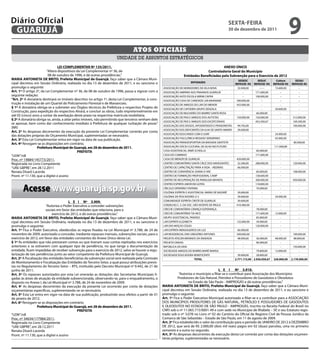 Diário Oficial
 GUARUJÁ
                                                                                                                                                    sextA-feiRA
                                                                                                                                                    30 de dezembro de 2011
                                                                                                                                                                                                9
                                                                                  Atos oficiAis
                                                                       unidade de assuntos estratégicos
                                 Lei COMPLeMeNtAR Nº 135/2011.                                                                              ANexO ÚNiCO
                         “Altera dispositivos da Lei Complementar nº 36, de                                                       Controladoria Geral do Município
                          08 de outubro de 1996, e dá outras providências.”                                         entidades Beneficiadas pela subvenção para o exercício de 2012
MARiA ANtONietA De BRitO, Prefeita Municipal de Guarujá, faço saber que a Câmara Muni-                                                                       seDesC       seDUC          Cultura    sesAU
cipal decretou em Sessão Ordinária, realizada no dia 13 de dezembro de 2011, e eu sanciono e                             eNtiDADes
                                                                                                                                                          RePAsse–R$ RePAsse–R$       RePAsse-R$ RePAsse-R$
promulgo o seguinte:                                                                                  ASSOCIAÇÃO DE MORADORES DA VILA NOVA                  32.400,00      ------       15.600,00      -
Art. 1º O artigo 2º, da Lei Complementar nº 36, de 08 de outubro de 1996, passa a vigorar com a       ASSOCIAÇÃO AMPARO AOS PRAIANOS GUARUJÁ                    -       171.600,00          -          -
seguinte redação:                                                                                     ASSOCIAÇÃO AUTO ESCOLA MIRIM CAPRA                        -       100.000,00          -          -
“Art. 2º A donatária destinará os imóveis descritos no artigo 1º, desta Lei Complementar, à cons-     ASSOCIAÇÃO CASA DE CARIDADE LAR MAANAIM              390.000,00        -              -          -
trução e instalação de um Quartel do Policiamento Florestal e de Mananciais.                          ASSOCIAÇÃO DE AMIGOS DO LAR DO MENOR                 432.000,00        -              -          -
§ 1º A donatária obriga-se a submeter aos Órgãos técnicos da Prefeitura o respectivo Projeto de       ASSOCIAÇÃO DE CAPOEIRA GRUPO SENZALA                      -            -         39.600,00       -
Construção, para expedição do respectivo Alvará, e concluir as obras, tudo impreterivelmente em       ASSOCIAÇÃO DE MULHERES DO BAIRRO SANTA ROSA               -        66.000,00          -          -
até 05 (cinco) anos a contar da averbação deste prazo na respectiva matrícula imobiliária.            ASSOCIAÇÃO DE PAIS E AMIGOS DOS AUTISTAS             150.000,00   150.000,00          -     312.000,00
§ 2º A donatária obriga-se, ainda, a zelar pelos imóveis, não permitindo que terceiros venham dele
                                                                                                      ASSOCIAÇÃO DE PAIS E AMIGOS DOS EXCEPCIONAIS              -       452.450,67          -     169.200,00
se apossar, bem como dar conhecimento imediato à Prefeitura de qualquer turbação de posse.”
                                                                                                      ASSOCIAÇÃO DOS IDOSOS, APOSENTADOS E PENSIONISTAS     99.792,00        -              -     100.000,00
(NR)
                                                                                                      ASSOCIAÇÃO DOS DEFICIENTES DA ILHA DE SANTO AMARO     39.600,00        -              -          -
Art. 2º As despesas decorrentes da execução da presente Lei Complementar correrão por conta
                                                                                                      ASSOCIAÇÃO EDUCANDO COM O SURF                            -            -          24.000,00      -
das dotações próprias do Orçamento Municipal, suplementadas se necessário.
                                                                                                      ASSOCIAÇÃO FOLCLÓRICA REISADO SERGIPANO                   -            -          42.000,00      -
Art. 3º Esta Lei Complementar entra em vigor na data de sua publicação.
                                                                                                      ASSOCIAÇÃO PARADESPORTIVA DA BAIXADA SANTISTA             -            -              -      80.000,00
Art. 4º Revogam-se as disposições em contrário.
                  Prefeitura Municipal de Guarujá, em 28 de dezembro de 2011.                         ASSOCIAÇÃO SÓCIO CULTURAL DE OLHO NO FUTURO               -            -         111.600,00      -
                                              PRefeitA                                                CASA ASSISTENCIAL IRMÃ SCHEILLA                           -        60.000,00          -          -
“LEIN”/rdl                                                                                            CASA DO CAMINHO                                           -       171.600,00          -          -
Proc. nº 19884/145773/2011.                                                                           CASA DO MENOR DE GUARUJÁ                             420.000,00        -              -          -
Registrada no Livro Competente                                                                        CENTRO COMUNITÁRIO SANTA CRUZ DOS NAVEGANTES          32.580,00   288.000,00          -     120.000,00
“UAE GBPRE”, em 28.12.2011                                                                            CENTRO DE CAPACITAÇÃO PARA A VIDA – NEEMIAS           66.000,00        -              -          -
Renata Disaró Lacerda                                                                                 CENTRO DE CONVIVÊNCIA JOANA D´ARC                         -        60.000,00          -     108.000,00
Pront. nº 11.130, que a digitei e assino                                                              CENTRO DE FORMAÇÃO PROFISSIONAL CAMP                      -       138.600,00          -          -
                                                                                                      CENTRO DE RECUPERAÇÃO DE PARALISIA INFANTIL               -       360.000,00          -     950.000,00


       Acesse www.guaruja.sp.gov.br
                                                                                                      CENTRO ESPÍRITA AMOR EM GOTAS                             -       118.800,00          -          -
                                                                                                      CÍRCULO OPERÁRIO ITAPEMA                                  -        70.000,00          -          -
                                                                                                      COLÔNIA ESPÍRITA E ASSISTENCIAL MARIA DE NAZARÉ       39.600,00        -              -          -
                                                                                                      COLÔNIA DE PESCADORES Z-3                             39.600,00        -         24.000,00       -
                                        L e i Nº 3.909.                                               COMUNIDADE ESPÍRITA CRISTÃ DE GUARUJÁ                 39.600,00        -              -          -
                         “Autoriza o Poder Executivo a conceder subvenções                            CONSELHO C. S. DA SOC. SÃO VICENTE DE PAULA          410.400,00        -              -          -
                         sociais em favor das entidades que relaciona, para o                         CRECHE COMUNITÁRIA CRIANÇA ESPERANÇA                      -        78.000,00          -          -
                             exercício de 2012, e dá outras providências.”                            CRECHE COMUNITÁRIA TIA NICE                               -       171.600,00     12.000,00       -
MARiA ANtONietA De BRitO, Prefeita Municipal de Guarujá, faço saber que a Câmara Muni-                GRUPO ASSISTENCIAL PARAÍSO                                -        85.800,00          -          -
cipal decretou em Sessão Ordinária, realizada no dia 13 de dezembro de 2011, e eu sanciono e          LAR ESPÍRITA ELIZABETH                               132.000,00    39.000,00          -          -
promulgo o seguinte:                                                                                  LAR DAS MOÇAS CEGAS                                       -       120.000,00          -          -
Art. 1º Fica o Poder Executivo, obedecidas as regras fixadas na Lei Municipal nº 3.788, de 24 de      LAR ESPÍRITA MENSAGEIROS DA LUZ                       60.000,00        -              -          -
novembro de 2009, autorizado a conceder, mediante repasses mensais, subvenções sociais, para o        LAR RESIDENCIAL ENO GREGÓRIO ANTUNES                 300.000,00        -              -     100.000,00
exercício de 2012, em favor das entidades constantes do Anexo Único desta Lei.                        PROJETO ATELIER MENINOS DA ENSEADA                    48.000,00    36.000,00     48.000,00   88.800,00
§ 1º As entidades que não prestaram contas ou que tiveram suas contas rejeitadas nos exercícios       PROJETO ONDAS                                             -        90.000,00          -          -
anteriores e se estiverem com qualquer tipo de pendência, no que tange a documentação da              REPÚBLICA DA VIDA                                         -            -              -     150.000,00
entidade, ficam impedidas de receber subvenção para o exercício de 2012, salvo se houver a regu-      SOCIEDADE AMIGOS DO BAIRRO MARÉ MANSA                     -        79.800,00     12.000,00       -
larização de tais pendências junto ao setor competente da Prefeitura Municipal de Guarujá.            SOCIEDADE EDUCADORA BENEFICENTE                       39.600,00    28.800,00          -          -
Art. 2º A fiscalização das entidades beneficiárias da subvenção social será realizada pela Comissão                           tOtAL                       2.771.172,00 2.936.050,67   328.800,00 2.178.000,00
de Monitoramento e Fiscalização das Entidades do Terceiro Setor, a qual possui atribuições previs-
tas no Regulamento do Terceiro Setor – RTS, instituído pelo Decreto Municipal nº 9.442, de 21 de
junho de 2011.                                                                                                                                L e i Nº 3.910.
Art. 3º Os repasses autorizados por esta Lei onerarão as dotações das Secretarias Municipais li-                  “Autoriza o município a filiar-se e contribuir para Associação dos Municípios
gadas às áreas de atuação da entidade subvencionada, observando-se, para o enquadramento, o                      Produtores de Gás Natural, Petroleo e Possuidores de Gasodutos e Oleodutos
disposto no Anexo I, da Lei Municipal nº 3.788, de 24 de novembro de 2009.                                               no Estado de São Paulo - AMPROGÁS e dá outras providências.”
Art. 4º As despesas decorrentes da execução da presente Lei ocorrerão por conta de dotações           MARiA ANtONietA De BRitO, Prefeita Municipal de Guarujá, faço saber que a Câmara Muni-
orçamentárias específicas, suplementando-se se necessário.                                            cipal decretou em Sessão Ordinária, realizada no dia 13 de dezembro de 2011, e eu sanciono e
Art. 5º Esta Lei entra em vigor na data de sua publicação, produzindo seus efeitos a partir de 01     promulgo o seguinte:
de janeiro de 2012.                                                                                   Art. 1º Fica o Poder Executivo Municipal autorizado a filiar-se e a contribuir para a ASSOCIAÇÃO
Art. 6º Revogam-se as disposições em contrário.                                                       DOS MUNICÍPIOS PRODUTORES DE GÁS NATURAL, PETRÓLEO E POSSUIDORES DE GASODUTOS
                   Prefeitura Municipal de Guarujá, em 28 de dezembro de 2011.                        E OLEODUTOS NO ESTADO DE SÃO PAULO - AMPROGÁS, inscrita na Receita Federal do Brasil no
                                              PRefeitA                                                CNPJ sob o nº 11.065.715/0001-49 e com sede no Município de Ilhabela – SP, e seu Estatuto regis-
“LEIN”/rdl                                                                                            trado sob o nº 3.078 no Livro nº 02 do Cartório do Oficial de Registro Civil de Pessoa Juridica da
Proc. nº 34034/177984/2011.                                                                           Comarca de São Sebastião – Estado de São Paulo, em 11 de agosto de 2009.
Registrada no Livro Competente                                                                        Art. 2º Fica estabelecido o valor da contribuição para o período de JANEIRO DE 2012 à DEZEMBRO
“UAE GBPRE”, em 28.12.2011                                                                            DE 2012, que será de R$ 2.000,00 (dois mil reais) pagos em 02 (duas) parcelas, uma no primeiro
Renata Disaró Lacerda                                                                                 semestre e a outra no segundo.
Pront. nº 11.130, que a digitei e assino                                                              Art. 3º As despesas decorrentes da execução desta Lei correrão por conta das dotações orçamen-
                                                                                                      tárias próprias, suplementadas se necessário.
 