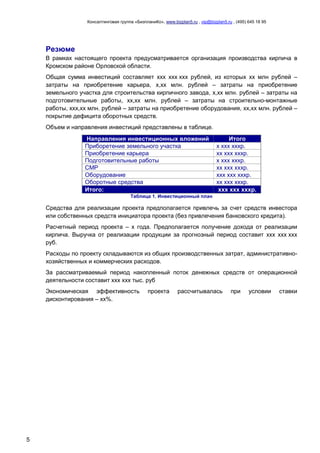 Консалтинговая группа «БизпланиКо», www.bizplan5.ru , vip@bizplan5.ru , (495) 645 18 95




    Резюме
    В рамках настоящего проекта предусматривается организация производства кирпича в
    Кромском районе Орловской области.
    Общая сумма инвестиций составляет ххх ххх ххх рублей, из которых хх млн рублей –
    затраты на приобретение карьера, х,хх млн. рублей – затраты на приобретение
    земельного участка для строительства кирпичного завода, х,хх млн. рублей – затраты на
    подготовительные работы, хх,хх млн. рублей – затраты на строительно-монтажные
    работы, ххх,хх млн. рублей – затраты на приобретение оборудования, хх,хх млн. рублей –
    покрытие дефицита оборотных средств.
    Объем и направления инвестиций представлены в таблице.
                 Направления инвестиционных вложений                                 Итого
                 Приборетение земельного участка                                х ххх хххр.
                 Приобретение карьера                                           хх ххх хххр.
                 Подготовительные работы                                        х ххх хххр.
                 СМР                                                            хх ххх хххр.
                 Оборудование                                                   ххх ххх хххр.
                 Оборотные средства                                             хх ххх хххр.
                 Итого:                                                          ххх ххх хххр.
                                      Таблица 1. Инвестиционный план

    Средства для реализации проекта предполагается привлечь за счет средств инвестора
    или собственных средств инициатора проекта (без привлечения банковского кредита).
    Расчетный период проекта – х года. Предполагается получение дохода от реализации
    кирпича. Выручка от реализации продукции за прогнозный период составит ххх ххх ххх
    руб.
    Расходы по проекту складываются из общих производственных затрат, административно-
    хозяйственных и коммерческих расходов.
    За рассматриваемый период накопленный поток денежных средств от операционной
    деятельности составит ххх ххх тыс. руб
    Экономическая эффективность                проекта       рассчитывалась            при      условии     ставки
    дисконтирования – хх%.




5
 