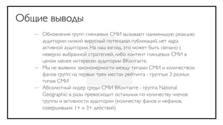 Общие выводы
   — Обновления групп глянцевых СМИ вызывают наименьшую реакцию
     аудитории: низкий вирусный потенциал публикаций, нет ядра
     активной аудитории. На наш взгляд, это может быть связано с
     неверно выбранной стратегией, либо контент глянцевых СМИ в
     целом менее интересен аудитории ВКонтакте.
   — Мы не выявили закономерности между типами СМИ и количеством
     фанов групп: на первых трех местах рейтинга - группых 3 разных
     типов СМИ
   — Абсолютный лидер среди СМИ ВКонтакте - группа National
     Geographic: в разы превосходит остальных по количеству членов
     группы и активности аудитории (количеству фанов и нефанов,
     совершивших 1+ и 3+ действий)
 