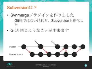 Subversionは？
• Svnmergeプラグインを作りました
  – Git程ではないけれど、Subversionも進化し
    た
• Gitと同じようなことが出来ます


master


feature branch



  ...