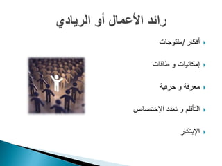 ‫أفكار /منتوجات‬     ‫‪‬‬


      ‫إمكانيات و طاقات‬     ‫‪‬‬


         ‫معرفة و حرفية‬     ‫‪‬‬


‫التأقلم و تعدد اإلختصاص‬    ‫‪‬‬


                ‫اإلبتكار‬   ‫‪‬‬
 