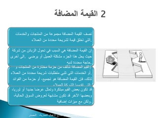 ‫تصف القيمة المضافة مجموعة من المنتجات والخدمات‬
            ‫.التي تخلق قيمة لشريحة محددة من العمالء‬

 ‫إن القيمة المضافة هي السبب في تحول الزبائن من شركة‬
‫حيث يحل هذا الجزء مشكلة العميل أو يرضي .الى أخرى‬
                                      ‫.حاجة محددة لديه‬
    ‫/القيم المضافة تتألف من حزمة مختارة من المنتجات و‬
‫.أو الخدمات التي تلبي متطلبات شريحة محددة من العمالء‬
  ‫لذلك، فإن القيمة المضافة هو تجميع، أو حزمة من الفوائد‬
                            ‫.التي تقدمها الشركة للعمالء‬
 ‫قد تكون بعض القيم مبتكرة وتمثل عرضا جديدا أو ثوريا،‬
   ‫وبعضها اآلخر قد تكون مشابهة لعروض السوق الحالية،‬
                               ‫.ولكن مع ميزات إضافية‬


            ‫‪www.businessmodelgeneration.com‬كتاب تطوير نماذج األعمال التجارية، :المصدر‬
 