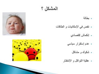 ‫بطالة‬    ‫‪‬‬


‫نقص في اإلمكانيات و الطاقات‬     ‫‪‬‬


            ‫إنكماش إقتصادي‬      ‫‪‬‬


         ‫عدم إستقرار سياسي‬      ‫‪‬‬


             ‫شكوك و مشاكل‬       ‫‪‬‬


     ‫عقلية التواكل و اإلنتظار‬   ‫‪‬‬
 