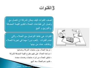 ‫تصف القنوات كيف يمكن لشركة ان تتصل مع‬
‫وتصل إلى قطاعات العمالء لتقديم القيمة المضافة‬
                               ‫.والتوزيع و البيع‬

     ‫القنوات هي نقاط التواصل مع العمالء والتي‬
‫تخدم القنوات .تلعب دورا مهما في تجربة العمالء‬
                        ‫:وظائف عدة، من بينها‬
            ‫• توعية العمالء حول منتجات الشركة وخدماتها‬
   ‫• مساعدة العمالء على تقييم مقترح القيمة المضافة للشركة‬
          ‫• تمكين العمالء من شراء منتجات وخدمات محددة‬
                              ‫• تقديم دعم للعمالء بعد البيع‬

           ‫‪www.businessmodelgeneration.com‬كتاب تطوير نماذج األعمال التجارية، :المصدر‬
 