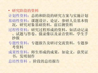 研究阶段的资料 计划性资料： 总的和阶段的研究方案与实施计划 基础性资料： 课题设计、论证，参研人员基本情况，研究对象基础资料，前后测资料 过程性资料： 研究过程形成的资料，如活动记录、试题与答卷、摄录像以及录音资料，学生手抄报 专题性资料： 专题报告及研讨交流资料，专题参考资料 成果性资料： 师生形成的成果，如论文，获奖证书，发明制作 总结性资料 ： 阶段的总结报告 