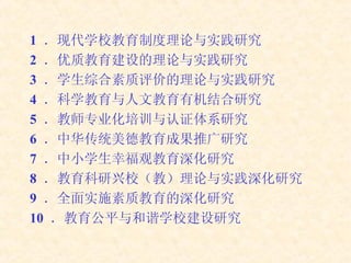 1  ．现代学校教育制度理论与实践研究 2  ．优质教育建设的理论与实践研究 3  ．学生综合素质评价的理论与实践研究 4  ．科学教育与人文教育有机结合研究 5  ．教师专业化培训与认证体系研究 6  ．中华传统美德教育成果推广研究 7  ．中小学生幸福观教育深化研究 8  ．教育科研兴校（教）理论与实践深化研究 9  ．全面实施素质教育的深化研究 10  ．教育公平与和谐学校建设研究 