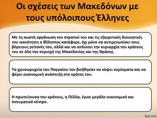 Οι ςχζςεισ των Μακεδόνων με
τουσ υπόλοιπουσ Ζλλθνεσ
Με τθ ςωςτι οργάνωςθ του ςτρατοφ του και τισ εξαιρετικζσ διοικθτικζσ
του ικανότθτεσ ο Φίλιπποσ κατάφερε, όχι μόνο να αντιμετωπίςει τουσ
βόρειουσ γείτονζσ του, αλλά και να απλϊςει τθν κυριαρχία του κράτουσ
του ςε όλθ τθν περιοχι τθσ Μακεδονίασ και τθσ Θράκθσ.

Τα χρυςωρυχεία του Παγγαίου τον βοικθςαν να κόψει νομίςματα και να
φζρει οικονομικι ανάπτυξθ ςτο κράτοσ του.

Η πρωτεφουςα του κράτουσ, θ Πζλλα, ζγινε μεγάλο οικονομικό και
πνευματικό κζντρο.

 
