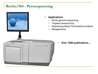 Roche/454 - Pyrosequencing


Applications





Whole genome sequencing
Targeted resequencing
Sequencing-based Transcriptome Analysis
Metagenomics



Over 1300 publications...

 