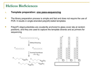 Helicos BioSciences
1.

Template preparation: one pass-sequencing



The library preparation process is simple and fast and does not require the use of
PCR. It results in single-stranded poly(dA)-tailed templates



Poly(dT) oligonucleotides are covalently anchored to glass cover slip at random
positions, and they are used to capture the template strands and as primers for
sequencing

 