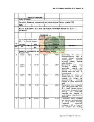 BID DOCUMENT MAS 01 of 2014, item No.30

SOUTHERN RAILWAY
NAME OF WORK:
Perambur - Repairs to various wards and maintenance of Railway hospital/ PER.
REF:
Est. sd. By Sr.DEN/Co-Ordn./MAS vide No.M/W.231/RH-PER/ REV/2013/87 dt.27.01.14.
(2014-S-04)
SCHEDULE - A
List of items of work that are covered under Southern Railway Unified Standard Schedule of Rates
2011 - for Chennai Division
Sl.
No.

1

USSOR
No.

Rate

Qty.

Unit

Rs.

Amount

Reference

Rs.

Repairs to various wards and maintenance of Railway
hospital/ PER
183020
800
24.86
1 Sqm
19888

2

182010
182013

6

444.52

1

cum

2667

3

182070

750

11.66

1

Sqm

8745

4

186080

40

51.62

1

sqm

2065

5

185010

40

109.26

1

Each

4370

Dismantling tile work in
floors/dado/skirting
laid
in
cement
mortar/
chemical
mortar/synthetic
adhesive
including stacking material
within 50m lead
Demolishing
brick
work
including
stacking
of
serviceable
material
and
disposal
of
unserviceable
material within 50m lead - in
cement mortar
Dismantling old plaster or
skirting raking out joints and
cleaning the surface for
plaster/pointing
including
disposal of rubbish within 50m
lead
Dismantling, iron collapsible
gate, rolling shutter, M.S. Grill,
M.S. Gates, Palisade fencing
etc.with post & stays including
stacking
of
serviceable
materials and disposal of
unserviceable materials within
50m lead
Dismantling doors, windows
and clerestory windows (steel
or wood) shutter including
chowkhats,
architrave,
holdfasts in CC or masonry
etc. complete and stacking

54

Signature of Tenderer/Contractor

 