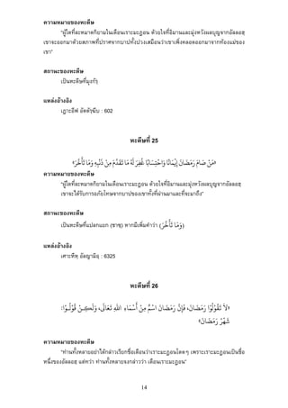 14
ความหมายของหะดีษ
“ผูใดที่ละหมาดกิยามในเดือนเราะมะฎอน ดวยใจที่อิมานและมุงหวังผลบุญจากอัลลอฮฺ
เขาจะออกมาดวยสภาพที่ปราศจากบาปทั้งปวงเสมือนวาเขาเพิ่งคลอดออกมาจากทองแมของ
เขา”
สถานะของหะดีษ
เปนหะดีษที่มุงกัรฺ
แหลงอางอิง
เฎาะอีฟ อัตตัรฺฆีบ : 602
หะดีษที่ 25
»‫ﻣ‬َ‫ﻦ‬ْ‫ﺻ‬َ‫ﺎم‬َ‫ر‬َ‫ﻣ‬َ‫ﻀ‬
َ
‫ﺎن‬
َ
‫إ‬ِ‫ﻓ‬
ْ
‫ﻤ‬َ‫ﺎﻧ‬
ً
‫و‬‫ﺎ‬َ‫اﺣ‬
ْ
‫ﺘ‬ِ‫ﺴ‬َ‫ﺎﺑ‬ً‫ﻏ‬‫ﺎ‬
ُ
‫ﻔ‬ِ‫ﺮ‬َُ َ
‫ﻣ‬َ‫ﻳ‬‫ﺎ‬
َ
‫ﻘ‬
َ
‫ﺪ‬‫م‬َ‫ﻣ‬ِ‫ﻦ‬ْ‫ذ‬
َ
‫ﻧ‬
ْ
‫ﺒ‬ِ‫ﻪ‬ِ‫و‬َ‫ﻣ‬َ‫ﺗ‬‫ﺎ‬
َ
‫ﺄ‬
َ
‫ﺧ‬‫ﺮ‬َ«
ความหมายของหะดีษ
“ผูใดที่ละหมาดกิยามในเดือนเราะมะฎอน ดวยใจที่อิมานและมุงหวังผลบุญจากอัลลอฮฺ
เขาจะไดรับการอภัยโทษจากบาปของเขาทั้งที่ผานมาและที่จะมาถึง”
สถานะของหะดีษ
เปนหะดีษที่แปลกแยก (ชาซฺ) หากมีเพิ่มคําวา ( ‫و‬َ‫ﻣ‬َ‫ﺗ‬ ‫ﺎ‬
َ
‫ﺄ‬
َ
‫ﺧ‬‫ﺮ‬َ )
แหลงอางอิง
เศาะหีหฺ อัลญามิอฺ : 6325
หะดีษที่ 26
»‫ﻻ‬
َ
‫ﻳ‬
َ
‫ﻘ‬
ُ
‫ﻮ‬ْ‫ﻟ‬
ُ
‫ﻮ‬ْ‫ا‬‫ر‬َ‫ﻣ‬َ‫ﻀ‬
َ
‫ﺎن‬
َ
،‫ﻓ‬
َ
‫ﺈ‬ِ‫ن‬‫ر‬َ‫ﻣ‬َ‫ﻀ‬
َ
‫ﺎن‬
َ
‫اﺳ‬
ْ
‫ﻢ‬ٌ‫ﻣ‬ِ‫ﻦ‬ْ‫أ‬
َ
‫ﺳ‬
ْ
‫ﻤ‬َ‫ﺎء‬ِ‫اﷲ‬ِ‫ﻳ‬
َ
‫ﻌ‬َ‫ﺎﻰﻟ‬
َ
،‫و‬َ‫ﻟ‬
َ
‫ﻜـ‬ِ‫ﻦ‬ْ‫ﻗ‬
ُ
‫ﻮ‬ْ‫ﻟـ‬
ُ
‫ﻮ‬ْ‫ا‬:
‫ﺷ‬
َ
‫ﻬ‬
ْ
‫ﺮ‬ُ‫ر‬َ‫ﻣ‬َ‫ﻀ‬
َ
‫ﺎن‬
َ
«
ความหมายของหะดีษ
“ทานทั้งหลายอยาไดกลาวเรียกชื่อเดือนวาเราะมะฎอนโดดๆ เพราะเราะมะฎอนเปนชื่อ
หนึ่งของอัลลอฮฺ แตทวา ทานทั้งหลายจงกลาววา เดือนเราะมะฎอน”
 