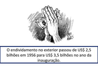 O endividamento no exterior passou de US$ 2,5 
bilhões em 1956 para US$ 3,5 bilhões no ano da 
inauguração. 
 
