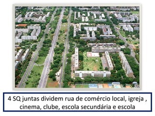 4 SQ juntas dividem rua de comércio local, igreja , 
cinema, clube, escola secundária e escola 
 