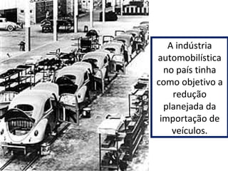 A indústria 
automobilística 
no país tinha 
como objetivo a 
redução 
planejada da 
importação de 
veículos. 
 
