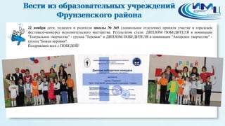 5 
22 ноября дети, педагоги и родители школы № 365 (дошкольное отделение) приняли участие в городском 
фестивале-конкурсе исполнительского мастерства. Результатом стали: ДИПЛОМ ПОБЕДИТЕЛЯ в номинации 
"Театральное творчество" - группа "Теремок" и ДИПЛОМ ПОБЕДИТЕЛЯ в номинации "Авторское творчество" - 
группа "Божьи коровки". 
Поздравляем всех с ПОБЕДОЙ! 
 