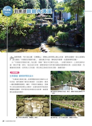 到東湖親親內溝溪 
內湖區 
內湖東南隅，有大湖公園、白鷺鷥山、康樂山與明舉山親山步道，還有全國第一座以溪溝為 
主題的「內溝溪生態展示館」，適合親子共遊、學校校外教學、社區教學等活動。 
以「內溝溪生態展示館」為主題，規劃「嬉水半日親子出遊」，沿著內溝溪中、上游的溪畔步 
道，親水平臺、跳石，貼近溪水生物，觀察穿梭於河床塊石縫隙的動植物生態。走進生態館，充 
實當地的地質、自然與人文知識，將生態之旅結合知性活動，滿載而歸。 
行家推薦1 
生態展館 觀察教學訪溪水 
「內溝溪生態展示館」是將閒置的區民活動中心活 
化而成，館內蒐集了當地生態資源、文史資料，像是 
一樓的整體環境模型、礦石、早期的竹編製品，是國 
中小與社區居民的鄉土活教材。由當地居民所組成的 
導覽解說團隊，對來客訴說家鄉的在地故事，徹底發 
揮社區營造的精神。 
38 30絕美亮點任你遊 
▲ 內溝溪的溪畔親水步道、跳石，讓親子能就近觀察水中 
生態。 
▲一同來內溝溪尋找「隱藏版」青蛙！ ▲沿著步道，走下內溝溪溪畔，細數水中魚兒。 
Neihu 
 