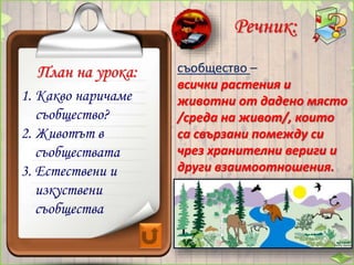 План на урока:
Речник:
съобщество –
всички растения и
животни от дадено място
/среда на живот/, които
са свързани помежду си
чрез хранителни вериги и
други взаимоотношения.
1. Какво наричаме
съобщество?
2. Животът в
съобществата
3. Естествени и
изкуствени
съобщества
 