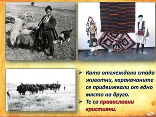  Като отглеждали стада
животни, каракачаните
се придвижвали от едно
място на друго.
 Те са
.
 