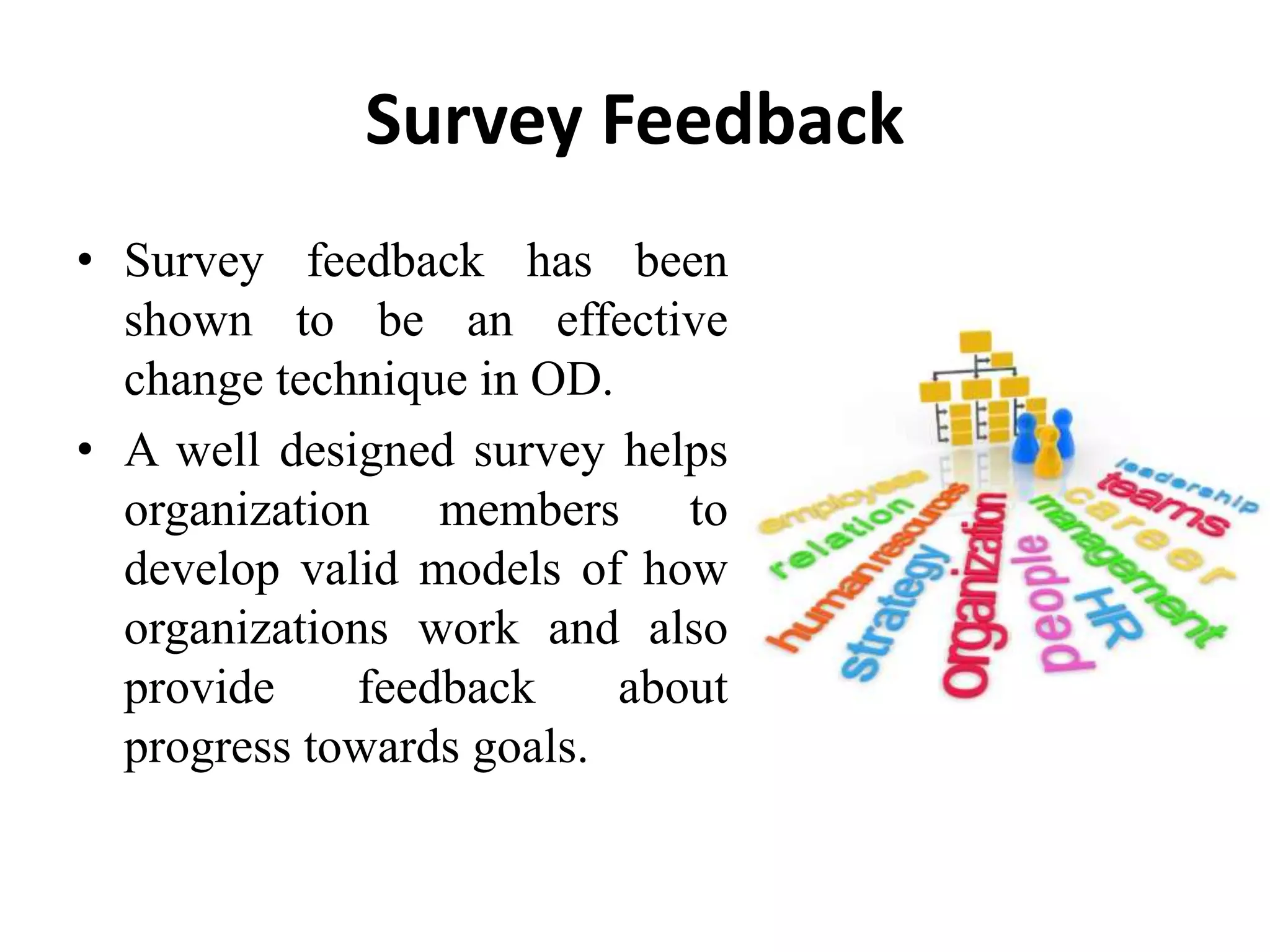 Survey Feedback
• Survey feedback has been
shown to be an effective
change technique in OD.
• A well designed survey helps
organization members to
develop valid models of how
organizations work and also
provide feedback about
progress towards goals.