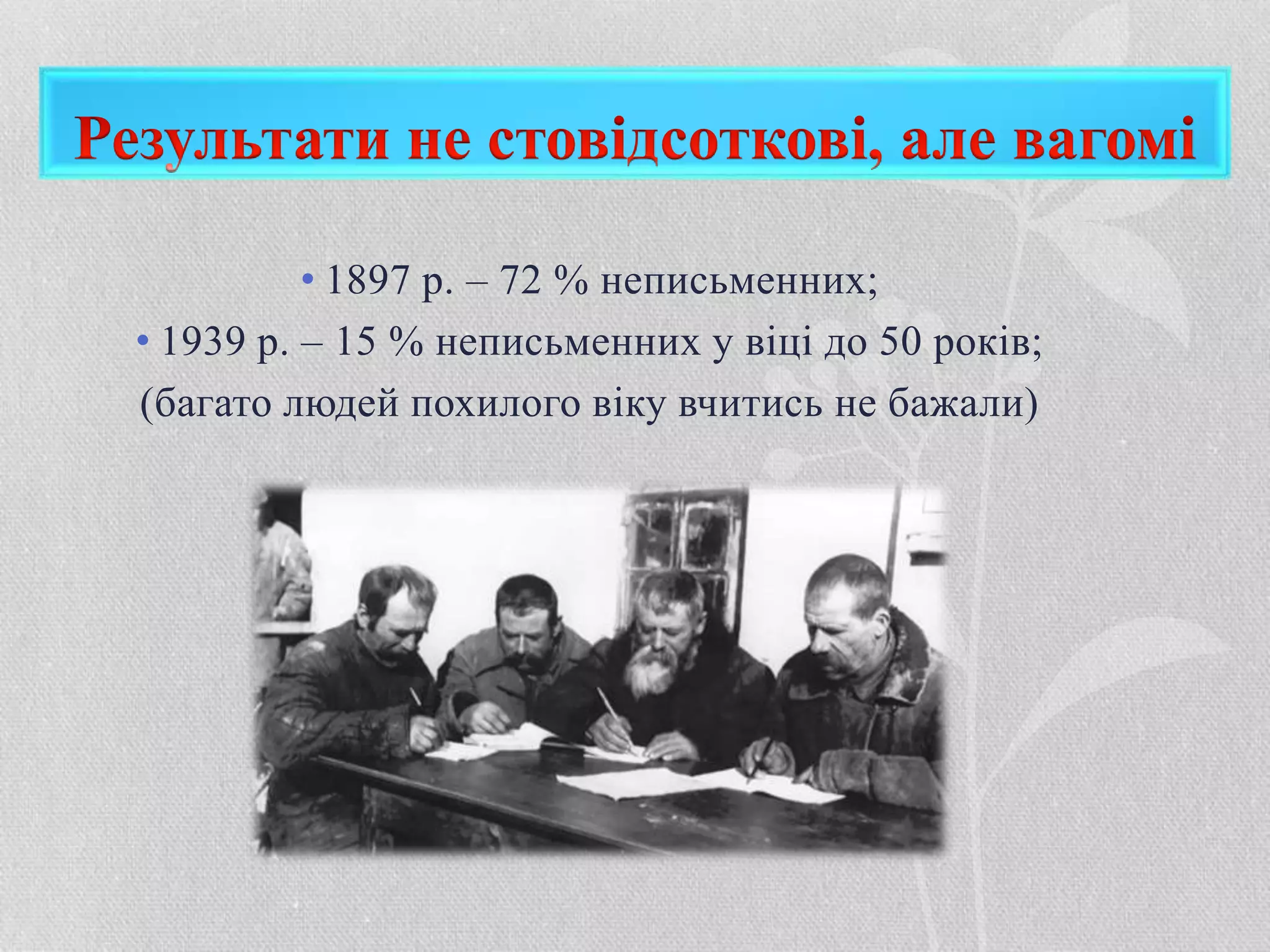 • 1897 р. – 72 % неписьменних;
• 1939 р. – 15 % неписьменних у віці до 50 років;
(багато людей похилого віку вчитись не бажали)
 