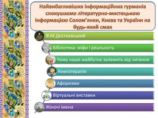 Ф.М.Достоєвський
Бібліотека: міфи і реальність
Чому наше майбутнє залежить від читання
Книготерапія
Афоризми
Віртуальні виставки
Жіночі імена
 