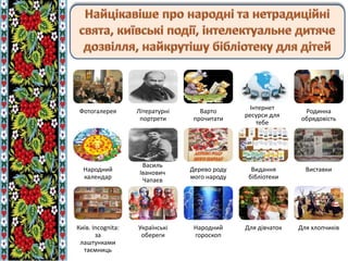 Фотогалерея Літературні
портрети
Варто
прочитати
Інтернет
ресурси для
тебе
Родинна
обрядовість
Народний
календар
Василь
Іванович
Чапаєв
Дерево роду
мого народу
Видання
бібліотеки
Виставки
Київ. Incognita:
за
лаштунками
таємниць
Українські
обереги
Народний
гороскоп
Для дівчаток Для хлопчиків
 