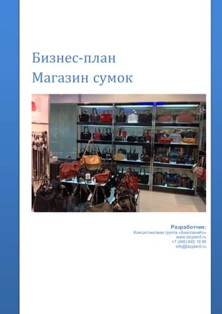 Бизнес-план
Магазин сумок
Разработчик:
Консалтинговая группа «БизпланиКо»
www.bizplan5.ru
+7 (495) 645 18 95
info@bizplan5.ru
 