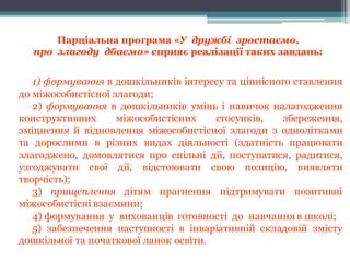 Парціальна програма «У дружбі зростаємо,
про злагоду дбаємо» сприяє реалізації таких завдань:
1) формування в дошкільників інтересу та ціннісного ставлення
до міжособистісної злагоди;
2) формування в дошкільників умінь і навичок налагодження
конструктивних міжособистісних стосунків, збереження,
зміцнення й відновлення міжособистісної злагоди з однолітками
та дорослими в різних видах діяльності (здатність працювати
злагоджено, домовлятися про спільні дії, поступатися, радитися,
узгоджувати свої дії, відстоювати свою позицію, виявляти
творчість);
3) прищеплення дітям прагнення підтримувати позитивні
міжособистісні взаємини;
4) формування у вихованців готовності до навчання в школі;
5) забезпечення наступності в інваріативній складовій змісту
дошкільної та початкової ланок освіти.
 