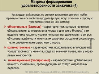 35
«Поддержкаиразвитиеключевыхпрофессиональныхкомпетенцийглав-ногоинженера(главногоархитектора)проекта»,72ак.час.
Как следует из Матрицы, по степени восприятия ценности любая
характеристика или свойство продукта (услуги) могут отнесены к одному из
трѐх типов («уровней ценностей»):
 обязательные (базовые) – характеристики, которые являются
обязательными для отрасли (а иногда и для всего бизнеса) и их
падение ниже какого-то уровня не позволяет даже ставить вопрос
об удовлетворѐнности клиента; их замечают ,когда они отсутствуют,
т.е. их значение ниже отраслевого порога;
 количественные – характеристики, положительно влияющие на
удовлетворѐнность клиента, когда их значения лучше, чем у отрас-
левых конкурентов;
 инновационные (сюрпризные) – характеристики, добавляющие
ценность компаниями, претендующими на статус «отраслевых
лидеров»
НОУ ДПО «УЦПР», Литвинов А.В. 2016 тел.: (916) 612 00 76, litvinovav@mail.ru
Матрица формирования
удовлетворѐнности заказчика (4)
 