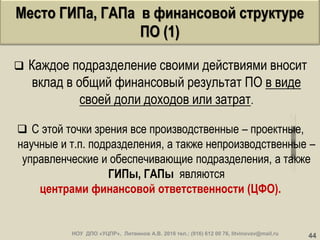 Место ГИПа, ГАПа в финансовой структуре
ПО (1)
44
«Поддержкаиразвитиеключевыхпрофессиональныхкомпетенцийглав-ногоинженера(главногоархитектора)проекта»,72ак.час.
 Каждое подразделение своими действиями вносит
вклад в общий финансовый результат ПО в виде
своей доли доходов или затрат.
 С этой точки зрения все производственные – проектные,
научные и т.п. подразделения, а также непроизводственные –
управленческие и обеспечивающие подразделения, а также
ГИПы, ГАПы являются
центрами финансовой ответственности (ЦФО).
НОУ ДПО «УЦПР», Литвинов А.В. 2016 тел.: (916) 612 00 76, litvinovav@mail.ru
 