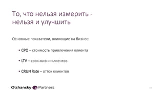 То, что нельзя измерить -
нельзя и улучшить
Основные показатели, влияющие на бизнес:
• СPO – стоимость привлечения клиента
• LTV – срок жизни клиентов
• СRUN Rate – отток клиентов
13
 