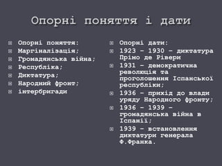  Опорні поняття:
 Маргіналізація;
 Громадянська війна;
 Республіка;
 Диктатура;
 Народний фронт;
 інтербригади
 Опорні дати:
 1923 – 1930 – диктатура
Прімо де Рівери
 1931 – демократична
революція та
проголошення Іспанської
республіки;
 1936 – прихід до влади
уряду Народного фронту;
 1936 – 1939 –
громадянська війна в
Іспанії;
 1939 – встановлення
диктатури генерала
Ф.Франка.
 