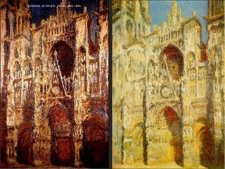 Además, el tema es un pretexto para
centrarse en la pintura. El contenido,
que había angustiado a los artistas
realistas y románticos, es desdeñado
por los impresionistas.
Los impresionistas se fijan en
acciones, hábitos y comportamientos
de la gente común, anónima, y aíslan
fragmentos de esa vida moderna.
Aquí no hay temas heroicos (como en
la pintura académica), ni pasiones
egocéntricas (como en el
Romanticismo), ni proclamas
proletarias (como en el Realismo),
sólo interesan los problemas de la
técnica, el color, la luz, la sensación
fugaz del brillo de un vestido, de un
gesto casual, del rubor de una mejilla.
Esta fugacidad del tema, les lleva a
realizar varias versiones del mismo,
en distintos momentos de luz y color.
EL PALCO. Renoir, 1874.
 