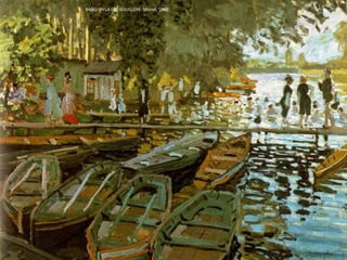 EL PAISAJE
Lo característico del paisaje
impresionista es su ejecución al aire
libre. Los artistas buscan “la verdad”,
el auténtico sol, el auténtico aire. No
son los primeros, los pintores
franceses de la Escuela de Barbizon
habían iniciado el procedimiento,
pero sí los más sistemáticos.
Esta manera de pintar será posible
por la aparición, en la década de
1840, de los tubos de estaño de
pintura al óleo y del caballete
portátil.
MONET TRABAJANDO EN SU JARDÍN DE ARGENTEUIL. Renoir, 1873.
 