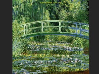 Las formas pueden ser disueltas por la luz, de manera que las formas de la realidad habitual, casas, árboles, barcas,
se disuelven en puras sensaciones de color, en elementos abstractos, en pinceladas yuxtapuestas, al reflejarse en el
agua. Esta descomposición de la realidad, conduce en las últimas obras de Monet a la abstracción.
REGATA EN ARGENTEUIL. Monet. 1872.
 