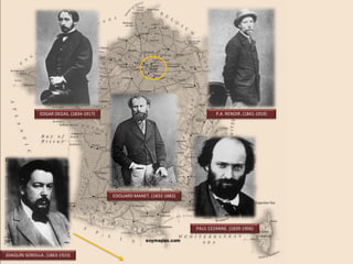 El Impresionismo es un movimiento pictórico que se desarrolla en París en el último tercio del siglo XIX como reacción
a la pintura académica que entonces se practicaba. Normalmente se distingue entre impresionistas genuinos (Monet,
Pisarro y Sisley) y pintores que en algún momento tuvieron concomitancias con el Impresionismo, participaron en
exposiciones conjuntas, acudieron a las mismas tertulias y desarrollaron técnicas semejantes, pero evolucionaron de
forma diversa (Manet, Degas, Renoir, Cezanne).
CLAUDE MONET.
(1840-1926)
CAMILLE PISARRO.
(1830-1903)
ALFRED SISLEY.
(1839-1899)
IMPRESIÓN. SOL NACIENTE. Monet, 1874. CATEDRAL DE ROUEN. Monet, 1892.
 