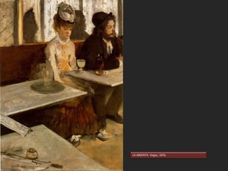 LA LÍNEA Y EL DIBUJO SE SACRIFICAN EN
BENEFICIO DE LA MANCHA DE COLOR
Los contornos de las figuras se hacen borrosos, la
forma precisa de los objetos tiende a
desaparecer, a desvanecerse en la luz. Las
formas parecen abocetadas, algo que criticaban
mucho los pintores académicos.
MUJER JOVEN RECLINADA
Berthe Morisot, 1879.
 