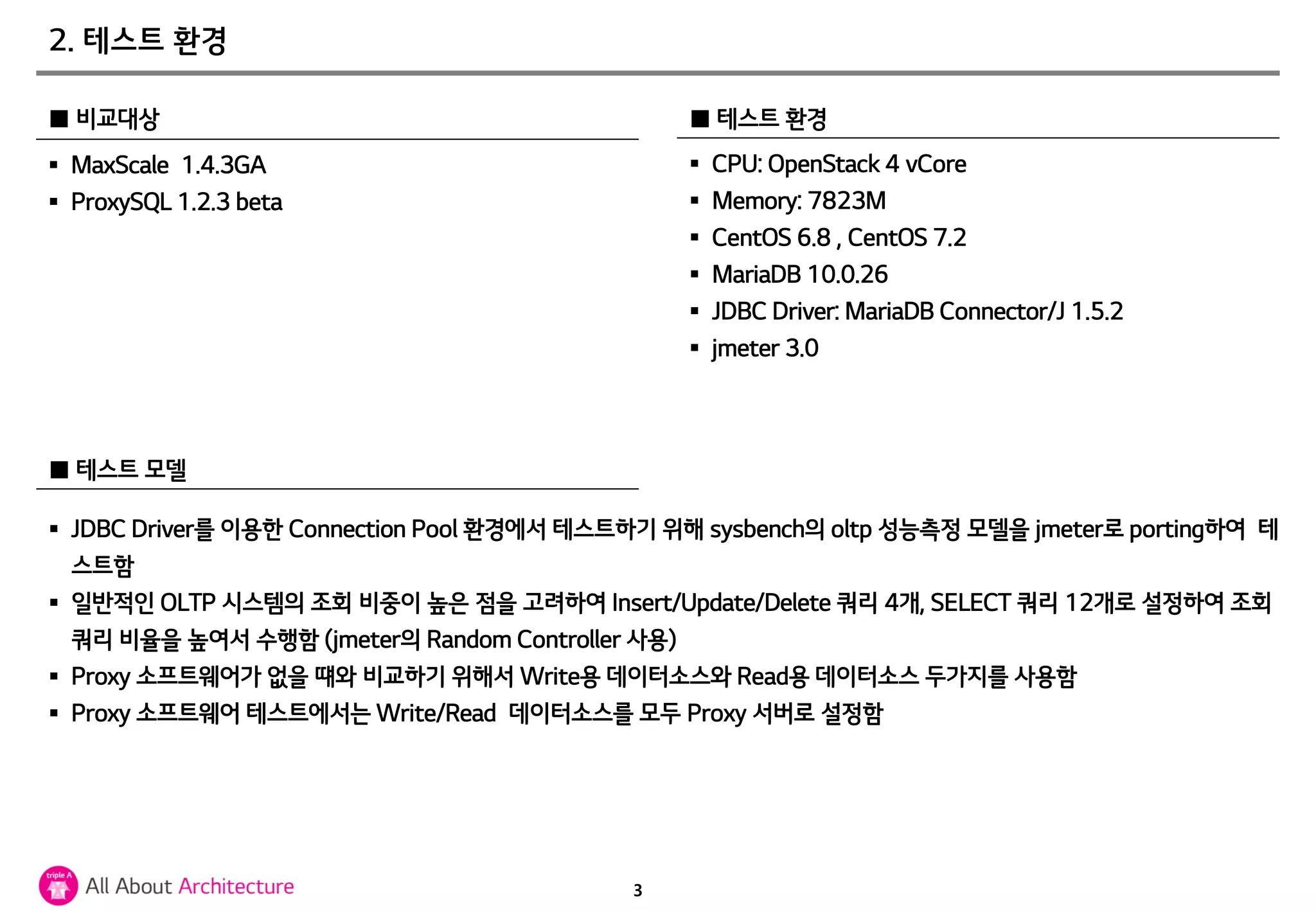 3
 MaxScale 1.4.3GA
 ProxySQL 1.2.3 beta
2. 테스트 환경
■ 비교대상 ■ 테스트 환경
 JDBC Driver를 이용한 Connection Pool 환경에서 테스트하기 위해 sysbench의 oltp 성능측정 모델을 jmeter로 porting하여 테
스트함
 일반적인 OLTP 시스템의 조회 비중이 높은 점을 고려하여 Insert/Update/Delete 쿼리 4개, SELECT 쿼리 12개로 설정하여 조회
쿼리 비율을 높여서 수행함 (jmeter의 Random Controller 사용)
 Proxy 소프트웨어가 없을 떄와 비교하기 위해서 Write용 데이터소스와 Read용 데이터소스 두가지를 사용함
 Proxy 소프트웨어 테스트에서는 Write/Read 데이터소스를 모두 Proxy 서버로 설정함
 CPU: OpenStack 4 vCore
 Memory: 7823M
 CentOS 6.8 , CentOS 7.2
 MariaDB 10.0.26
 JDBC Driver: MariaDB Connector/J 1.5.2
 jmeter 3.0
■ 테스트 모델
 