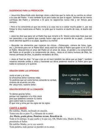 SUGERENCIAS PARA LA PREDICACIÓN
+ Jesucristo Resucitado este domingo viene a decirnos que la meta de su camino es volver
a...