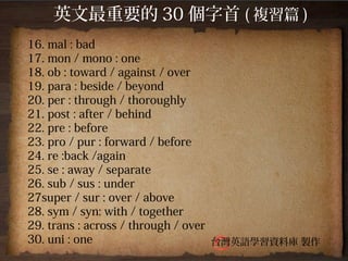 英文最重要的30個字首 台灣英語學習資料庫